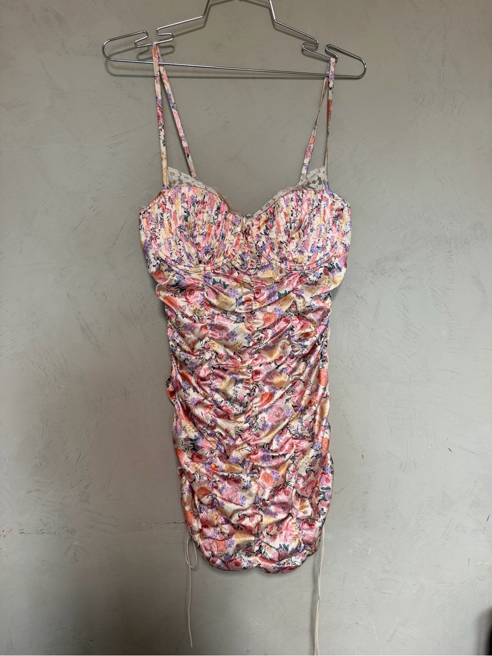 For Love & Lemons gardenia satin ruched Floral Camisole Dress - Pink, Peach, Cre